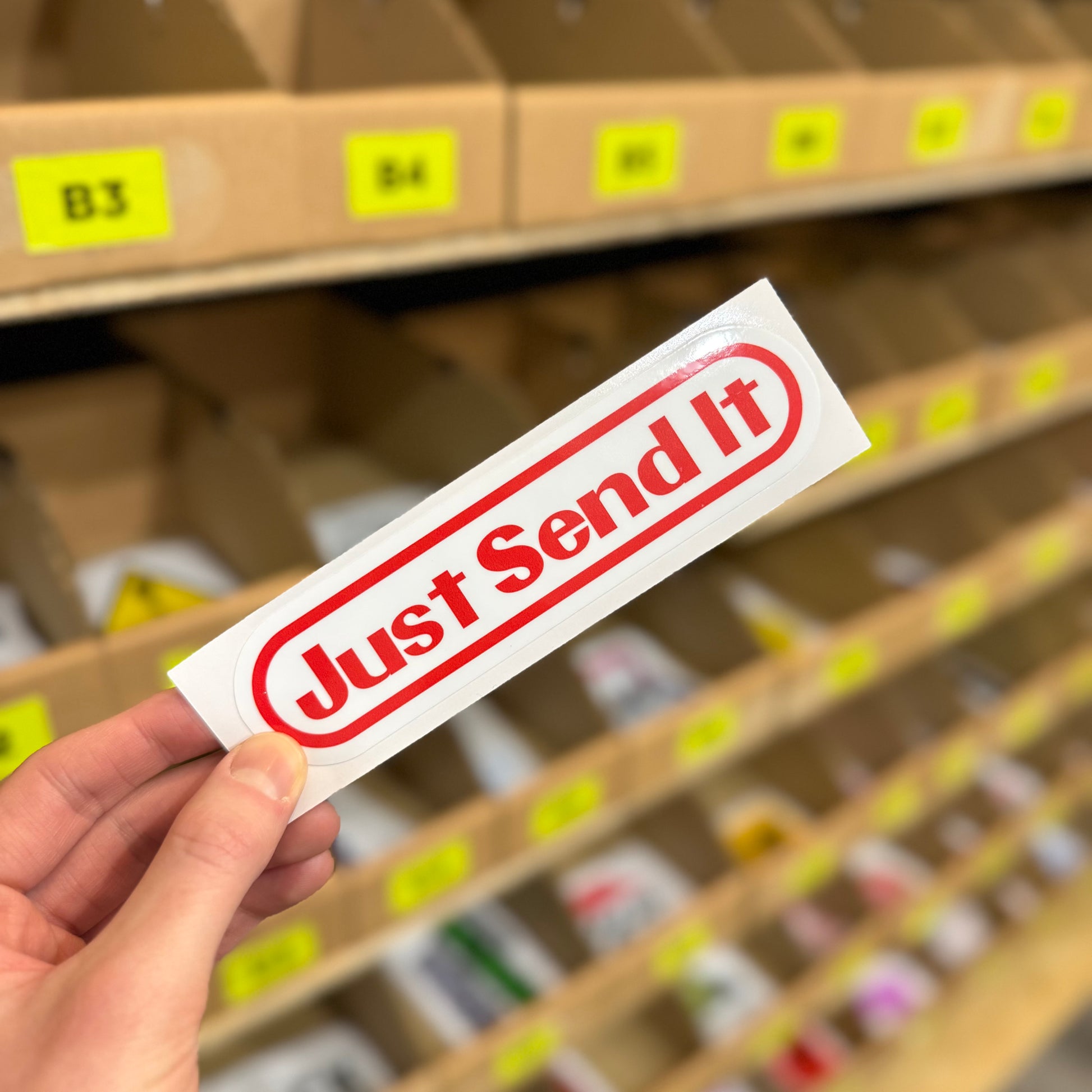 Funny motorsport slogan sticker reading “just send it” in red and white design