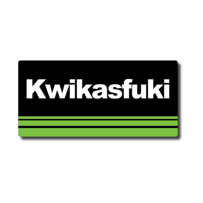 Funny vinyl sticker reading “Kwikasfuki” in Kawasaki style – ideal for bikers, drag racers and British car scene fans.
