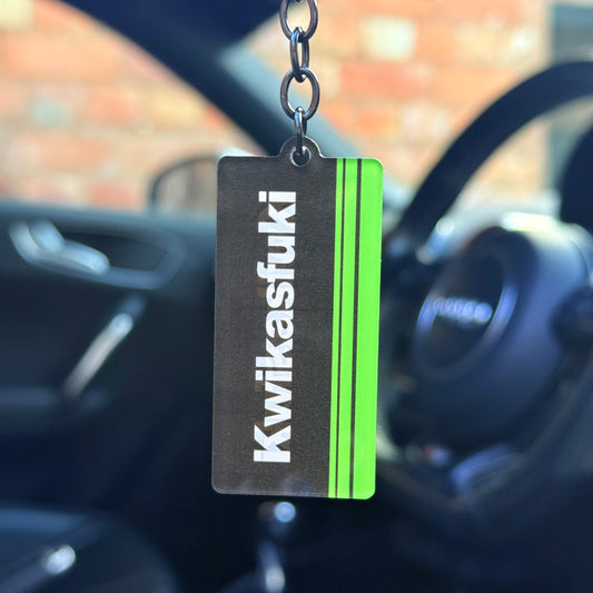 Kwikasfuki keychain with black and green performance-style design, funny automotive keyring inspired by car culture, durable acrylic accessory UK
