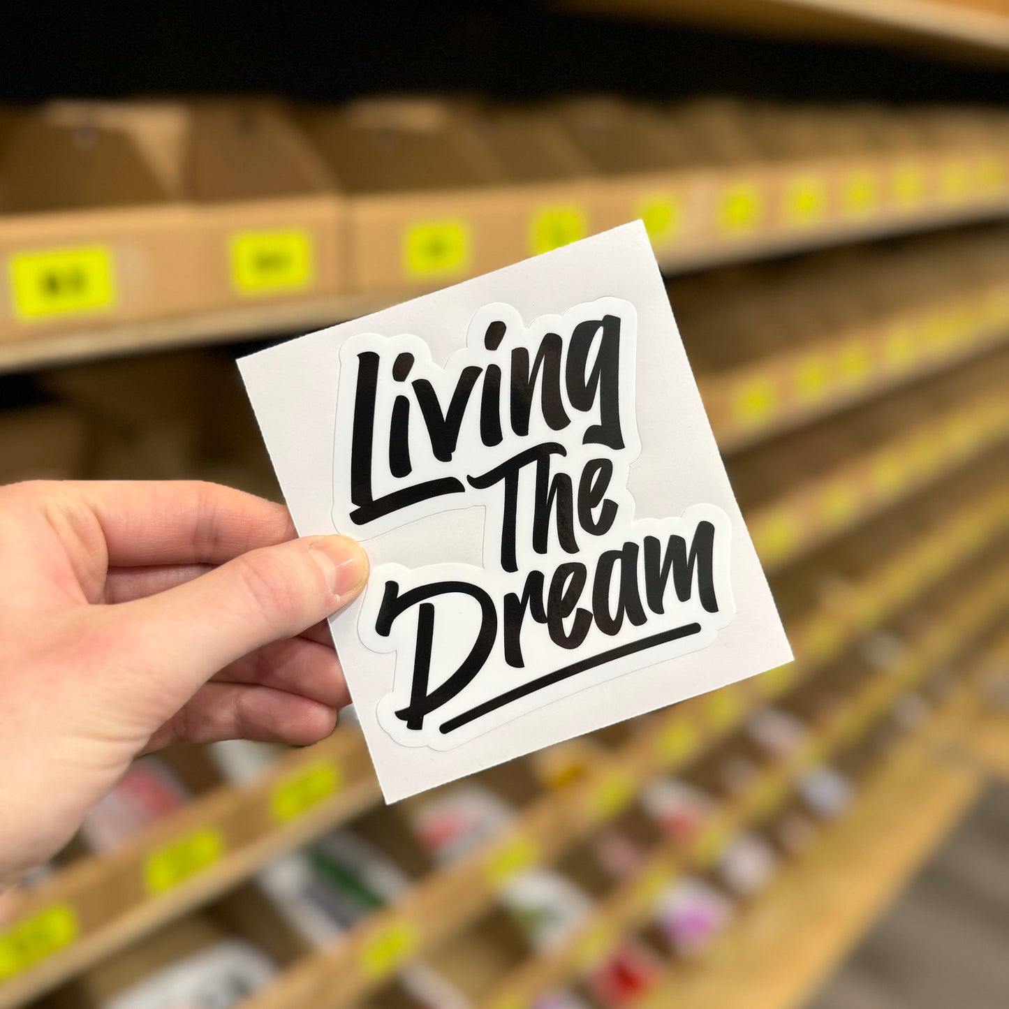 Black and white “Living the dream” text design funny vinyl sticker held in hand.