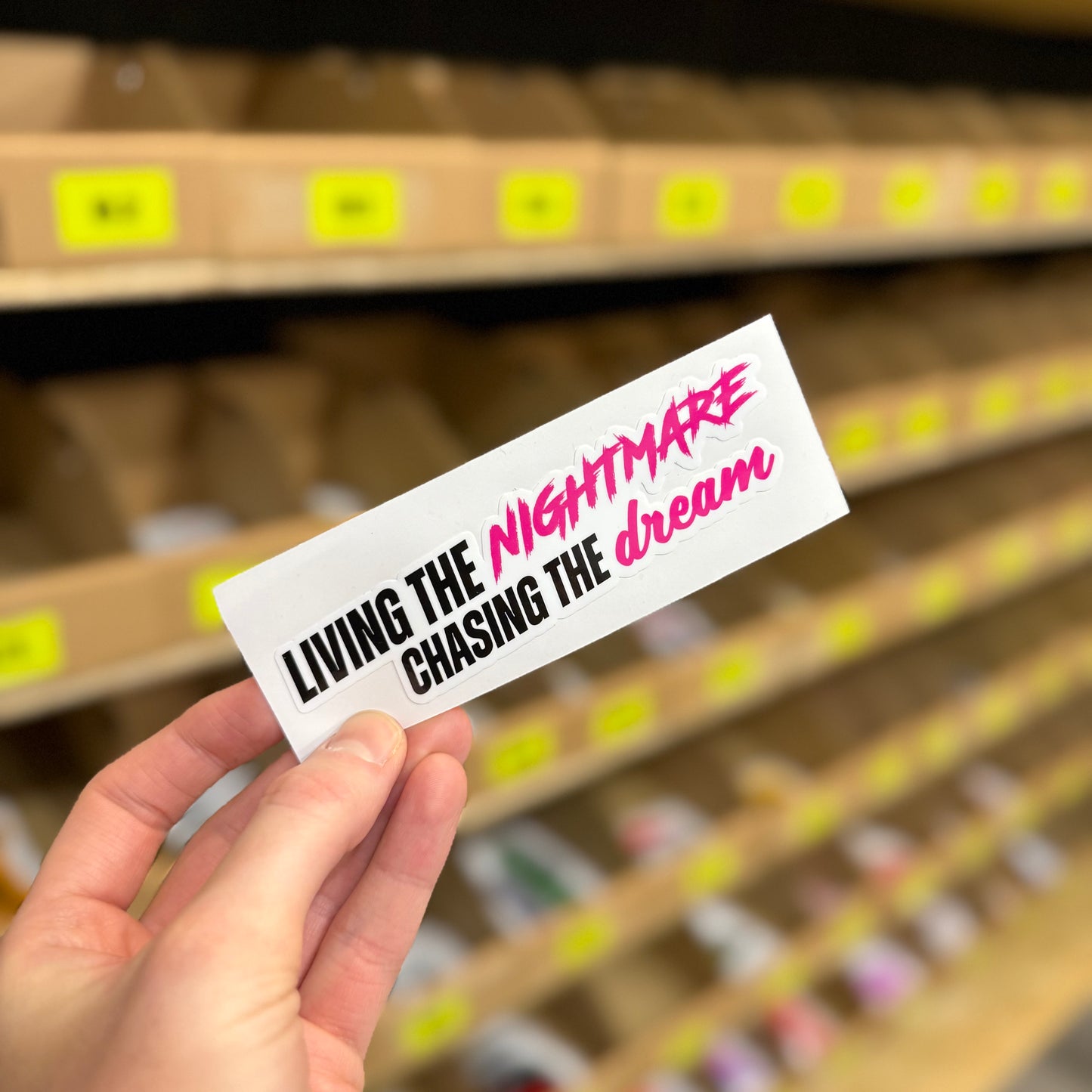 Typography design reading “Living the nightmare chasing the dream” funny vinyl sticker.