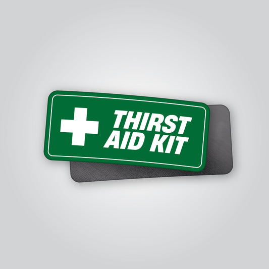 Funny “Thirst Aid Kit” magnet styled like a first aid sign with green background and cross symbol. Perfect novelty magnet for beer fridges, campervans, garages and man caves. Designed and made in the UK by Blum Decals.