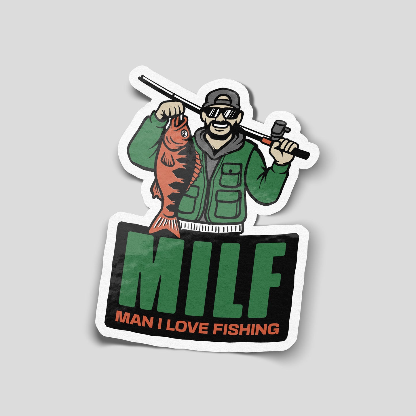 Man I love fishing cartoon angler holding fish funny car sticker, UK fishing humour vinyl by Blum Decals