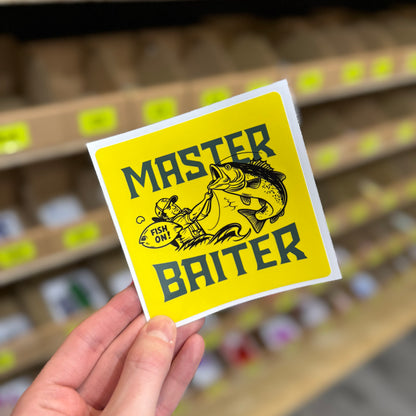 Funny fishing pun sticker reading “master baiter” with angler illustration