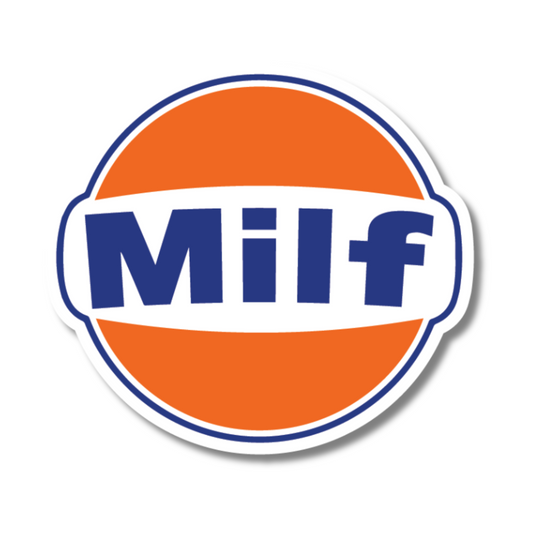 Funny MILF parody sticker in orange and blue – waterproof and ideal for cars, vans, or toolboxes.