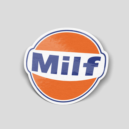 Milf fuel brand parody logo funny car sticker in orange and blue, UK car humour vinyl by Blum Decals