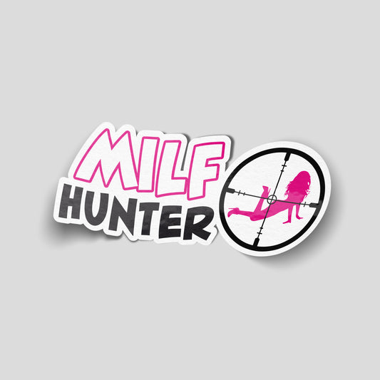 Milf Hunter text with target graphic funny car sticker, cheeky UK novelty vinyl by Blum Decals