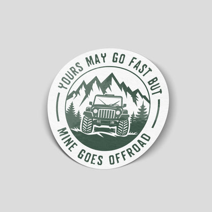 Mine goes offroad 4x4 mountain scene funny car sticker, UK off-road vehicle humour vinyl by Blum Decals