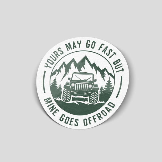 Mine goes offroad 4x4 mountain scene funny car sticker, UK off-road vehicle humour vinyl by Blum Decals