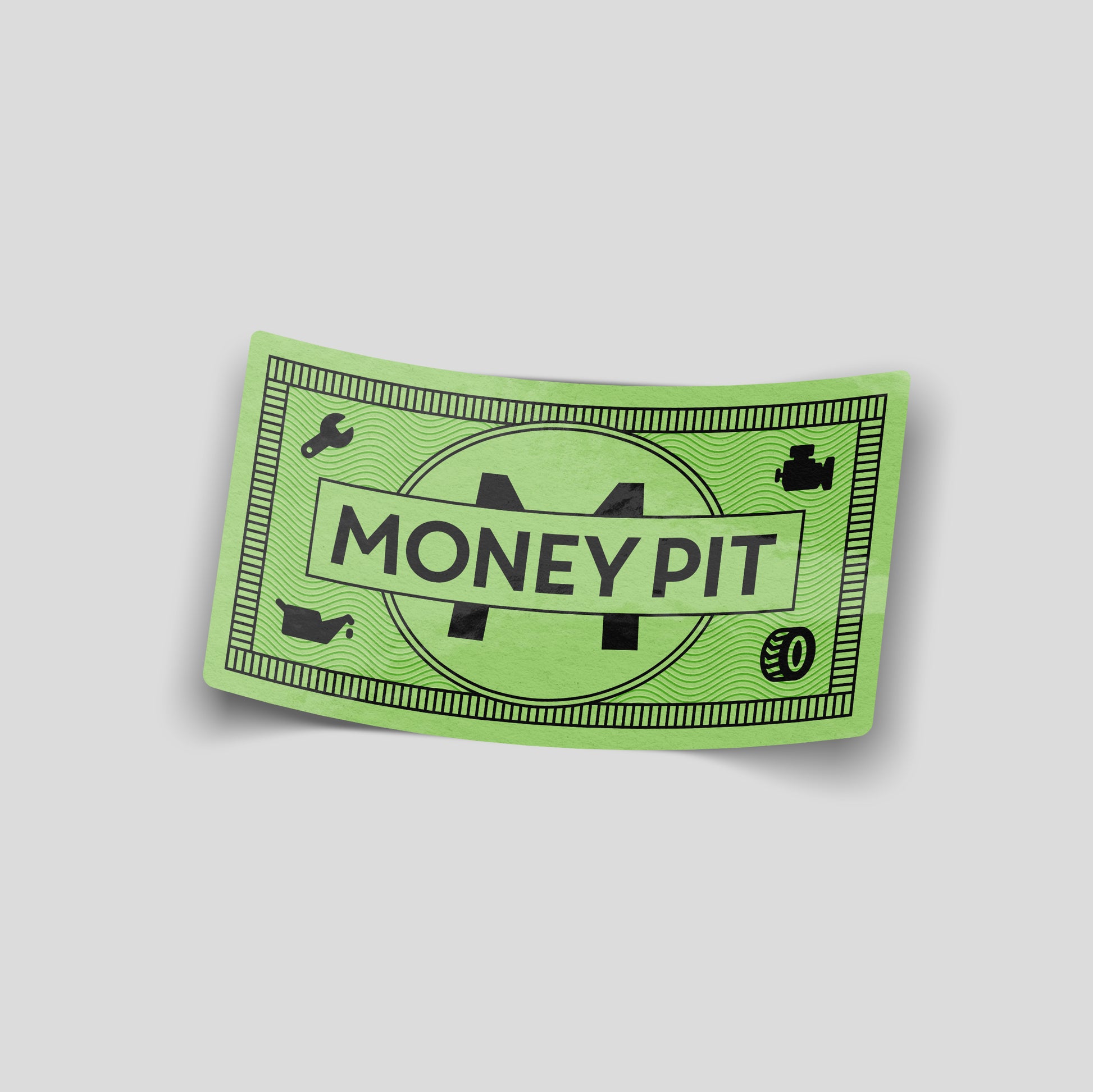 Money pit banknote style funny car sticker, UK car modification humour vinyl by Blum Decals