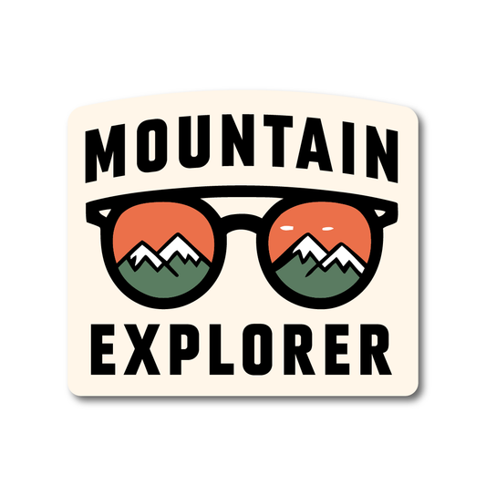Vinyl sticker with sunglasses reflecting mountains and the words “Mountain Explorer” — ideal for hikers, climbers and outdoor adventurers.