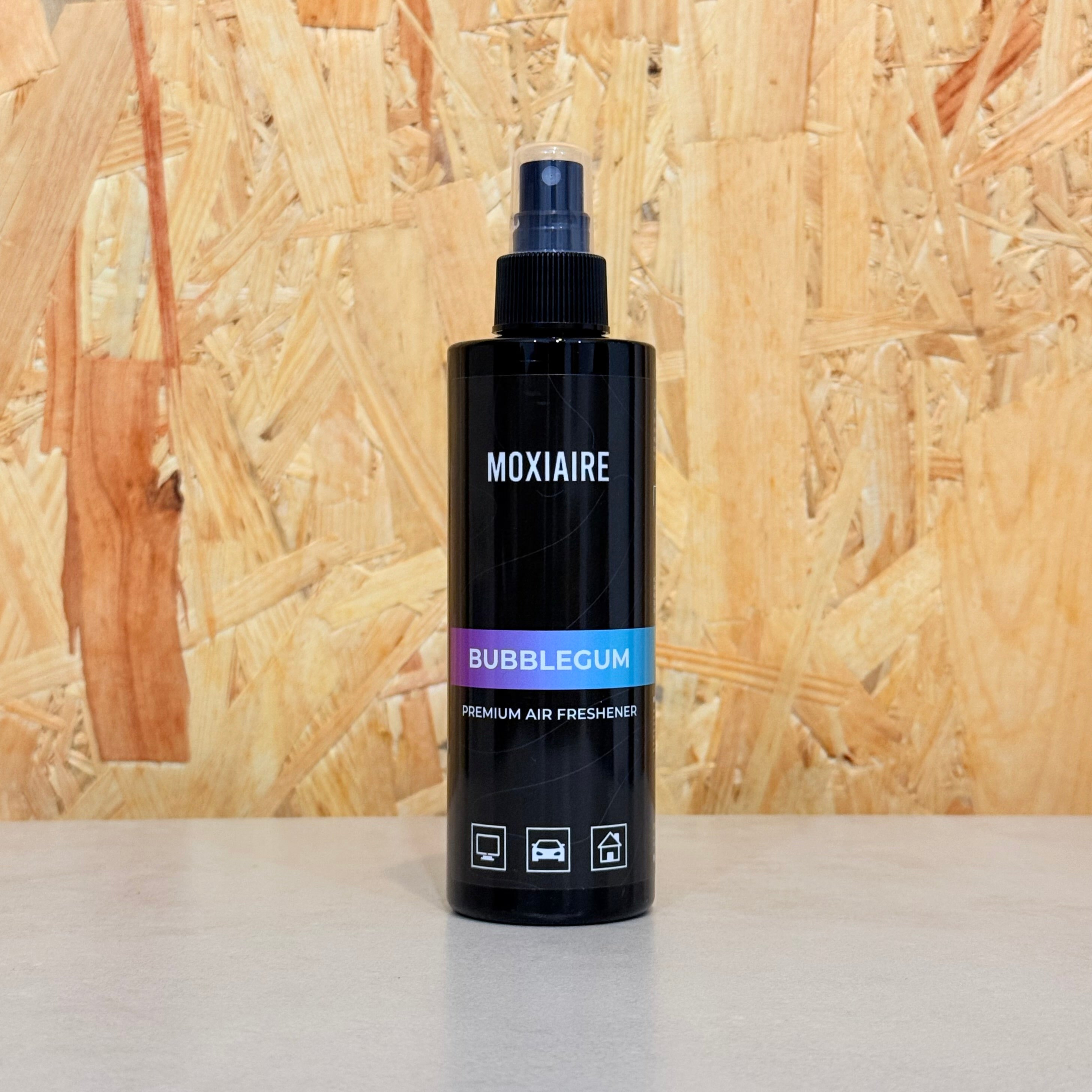 Moxiaire Bubblegum Premium Spray Air Freshener bottle on neutral background