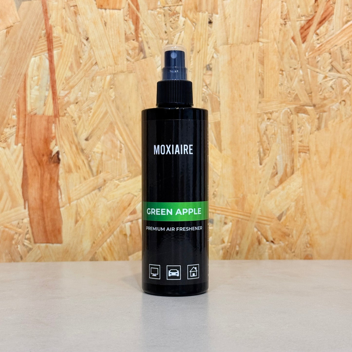 Moxiaire Green Apple Premium Spray Air Freshener bottle on white background