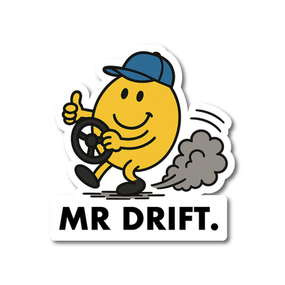 Cartoon-style Mr Drift vinyl sticker with smiling character, tyre smoke and steering wheel – funny drift decal for cars and gear.