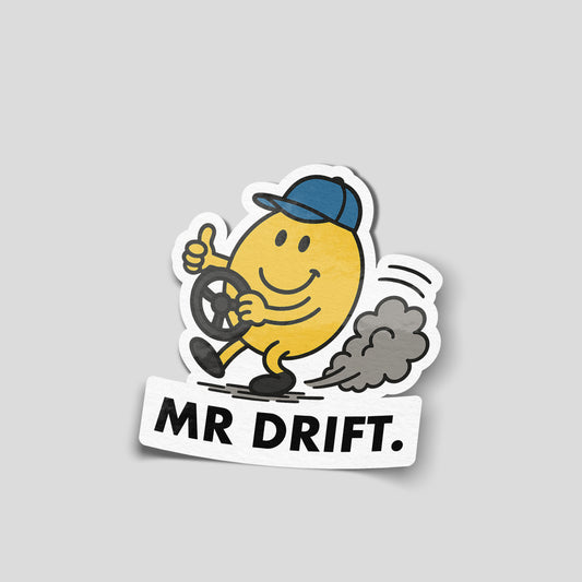 Mr Drift cartoon character skidding with steering wheel funny car sticker, UK drifting car humour vinyl by Blum Decals