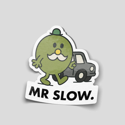 Mr Slow cartoon character walking beside a small car funny car sticker, UK slow driver humour vinyl by Blum Decals