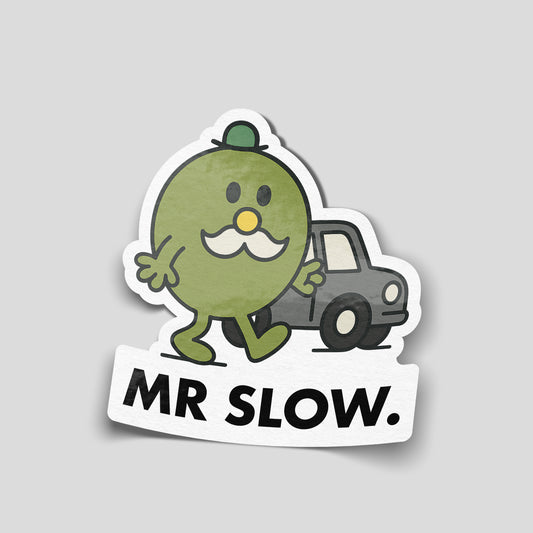 Mr Slow cartoon character walking beside a small car funny car sticker, UK slow driver humour vinyl by Blum Decals