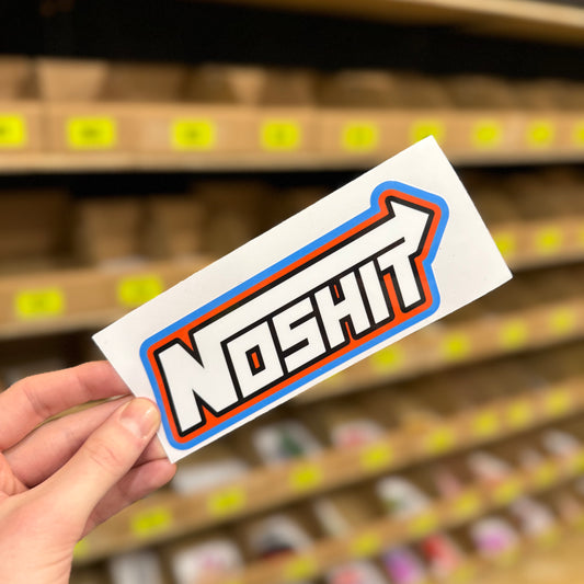 Funny car sticker reading “noshit” styled like NOS logo with arrow graphic