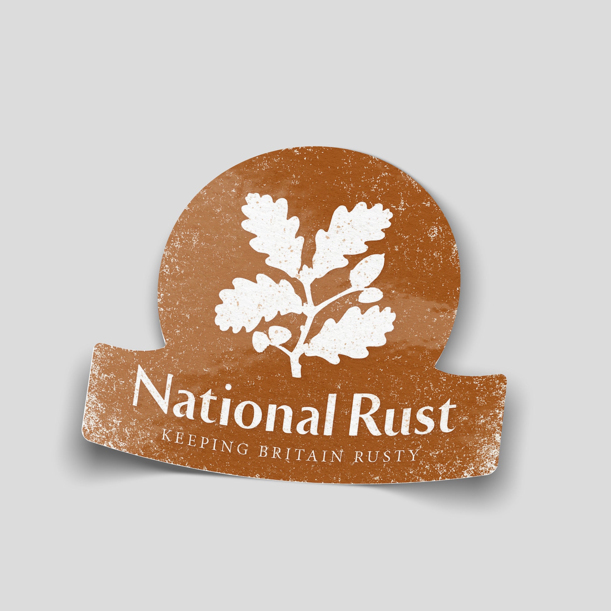National Rust parody logo funny car sticker with oak leaf graphic, UK rusty car humour vinyl by Blum Decals