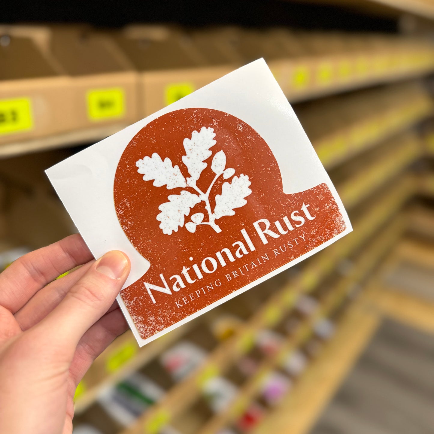 Funny car parody sticker styled like National Trust logo reading “national rust”