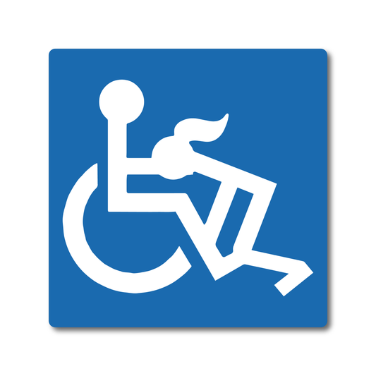 Funny vinyl sticker parodying the wheelchair disability sign, showing a stick figure in a cheeky pose on a blue square background.