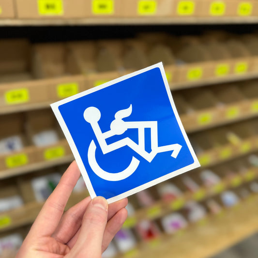 Funny rude sticker showing modified disabled symbol with cheeky pose illustration