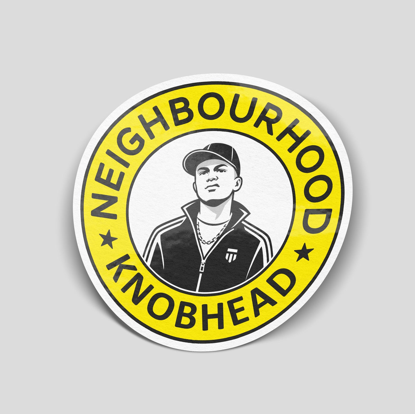 Neighbourhood Knobhead funny vinyl sticker parodying a neighbourhood watch sign, printed on premium waterproof laminated vinyl.