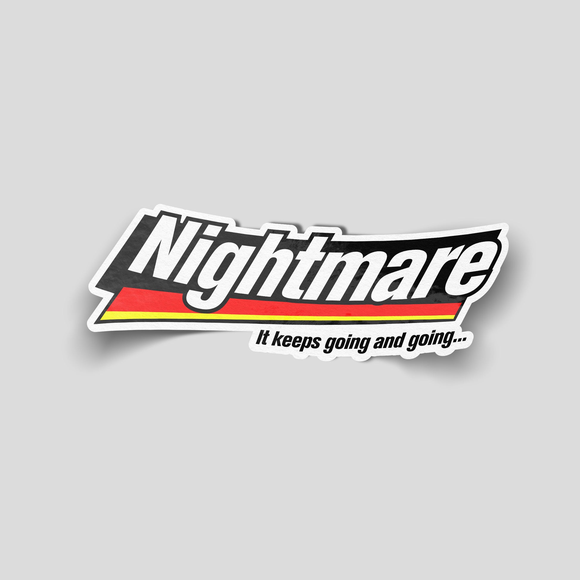 Funny nightmare parody vinyl sticker with bold text and retro stripe design, novelty car and van decal for UK drivers.