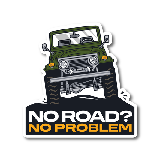 Funny vinyl sticker of a green off-road 4x4 climbing rocks with the text “No Road? No Problem” – ideal for adventurers and modified vehicles.