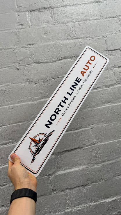 Personalised white car show plate featuring North Line Auto branding, custom automotive business display plate made in the UK