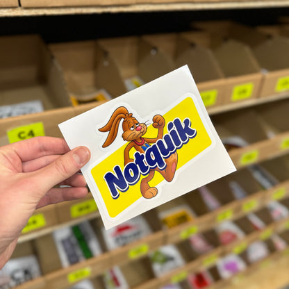 Funny car parody sticker reading “notquik” styled like chocolate brand logo