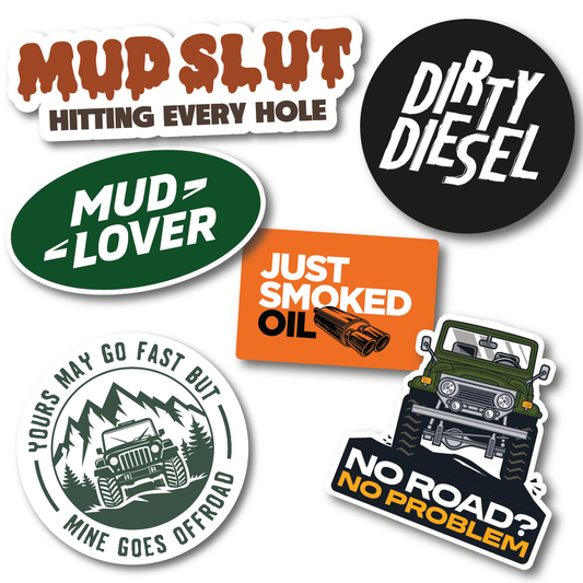 Off-road vinyl sticker pack featuring 6 funny decals with slogans like “Mud Slut”, “Dirty Diesel”, “No Road? No Problem” and more for 4x4 vehicles.