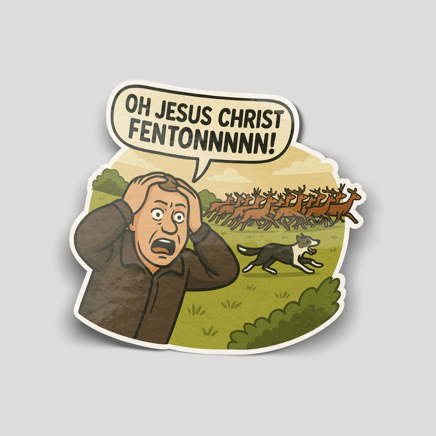 Oh Jesus Christ Fenton illustrated funny car sticker with dog and deer scene, UK meme vinyl by Blum Decals