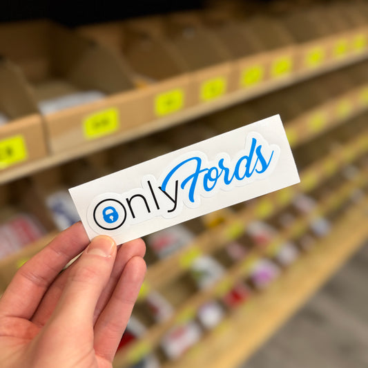 Funny car sticker reading “only fords” parody logo in blue and white design