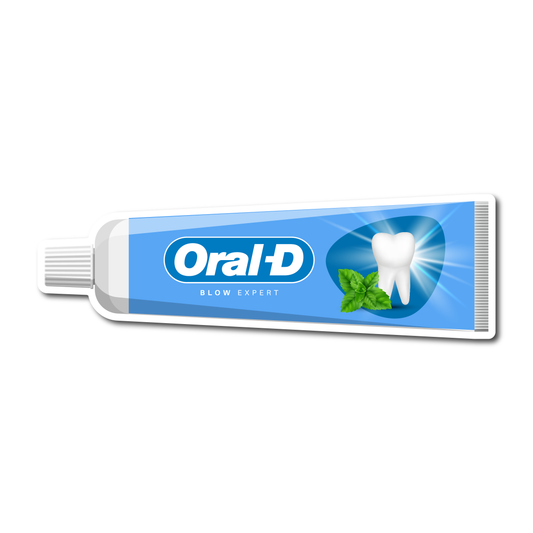 Funny vinyl sticker shaped like a toothpaste tube with “Oral-D Blow Expert” text – ideal for cars, laptops, or prank gifts.
