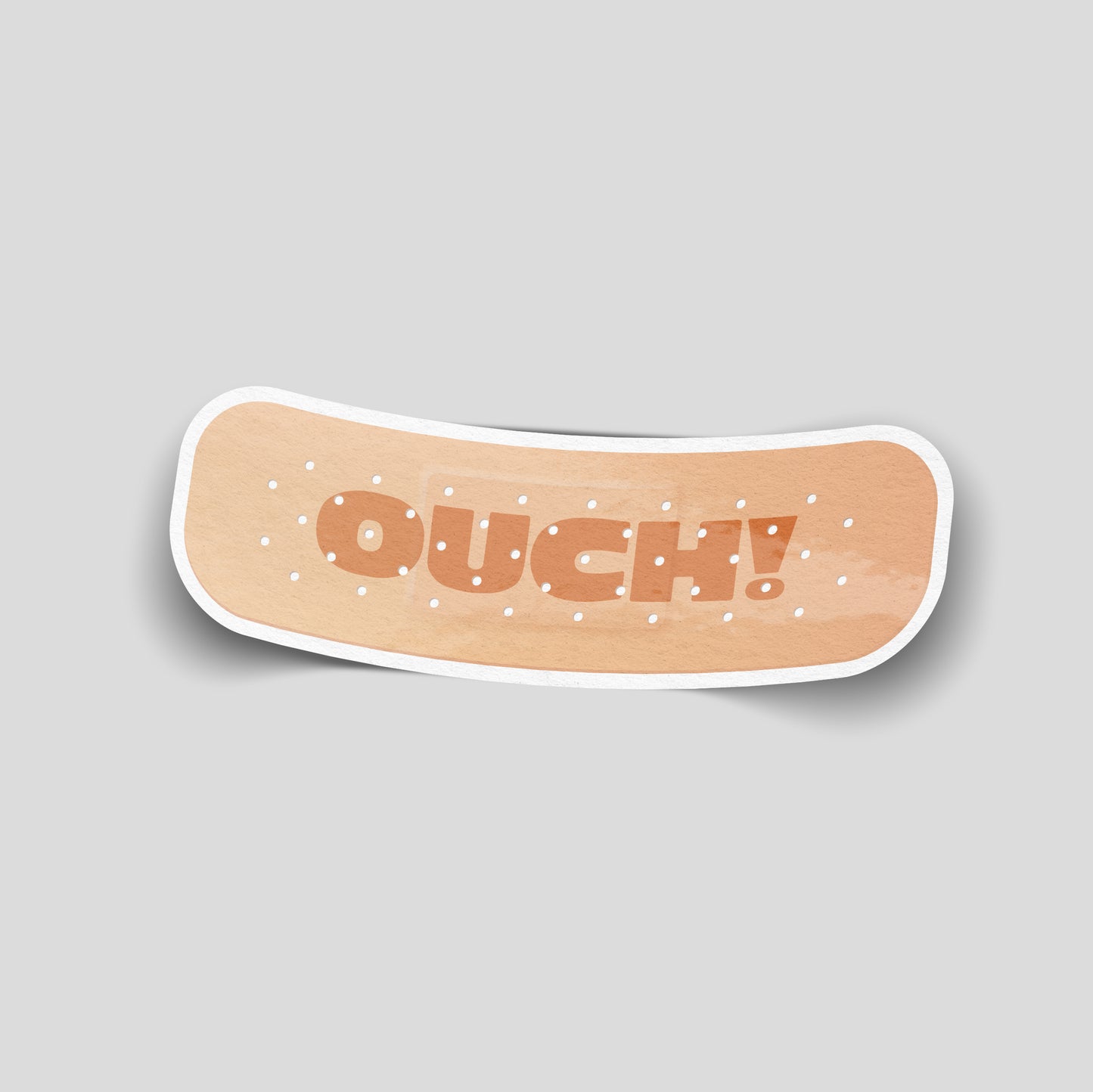 Ouch funny vinyl sticker featuring a cartoon sticking plaster design, waterproof novelty sticker for cars, laptops, water bottles and toolboxes.