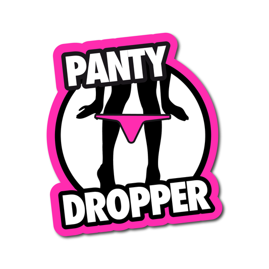 Funny “Panty Dropper” vinyl car sticker with silhouette figure and pink detailing – ideal for bold car builds or toolboxes.