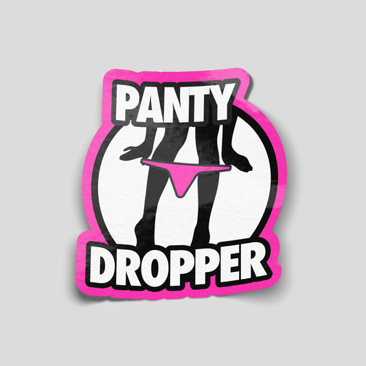 Panty dropper silhouette funny car sticker with pink outline, cheeky UK car humour vinyl by Blum Decals