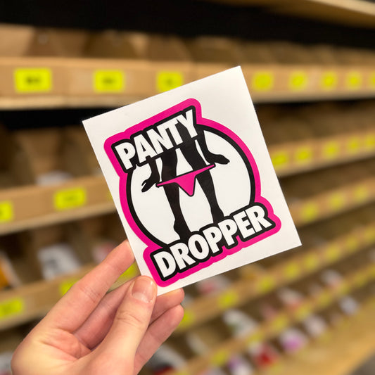 Funny rude sticker reading “panty dropper” with silhouette graphic and pink outline