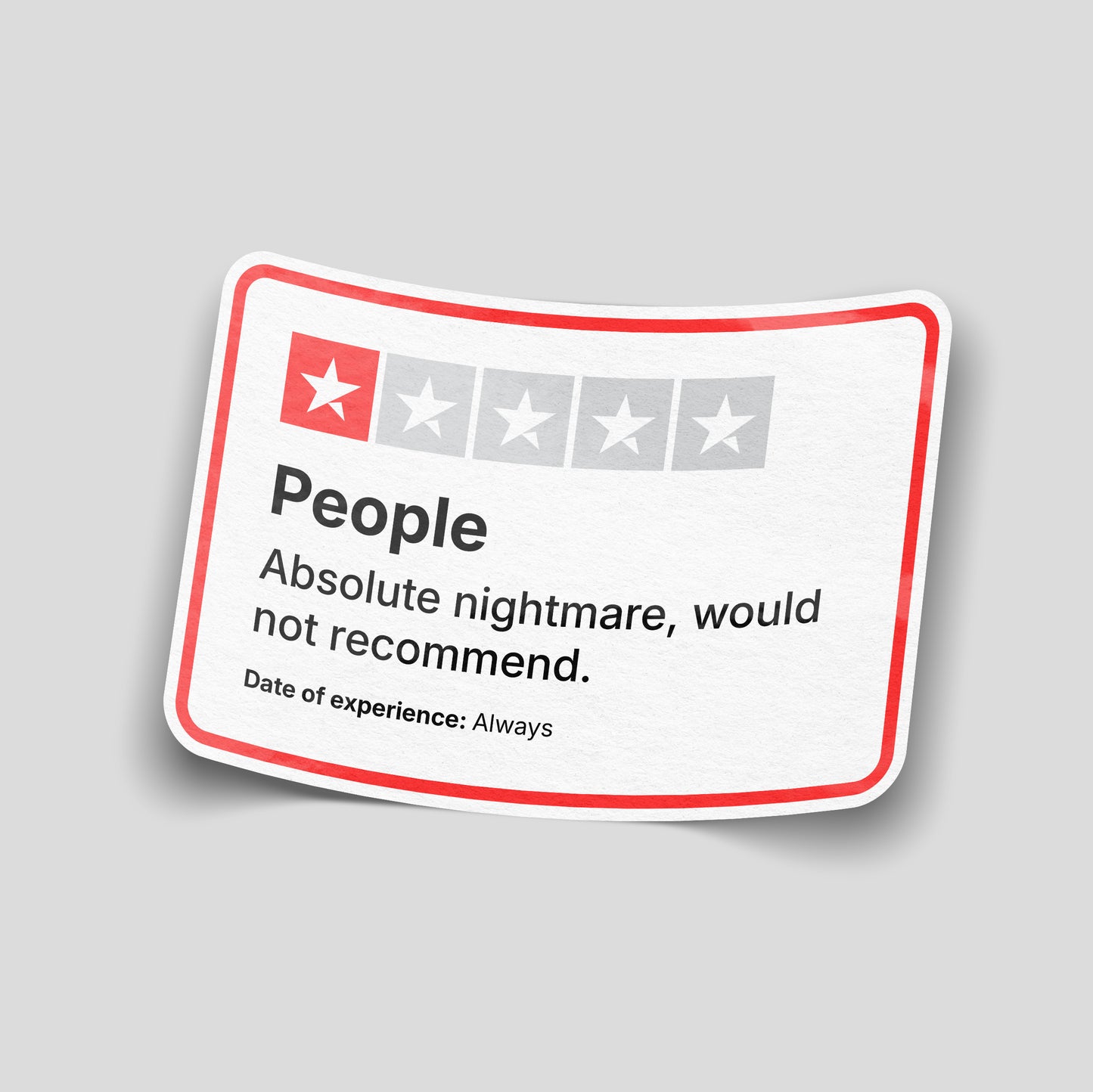 Funny People Review vinyl sticker with one star review parody design, printed on premium waterproof laminated vinyl for cars and toolboxes.