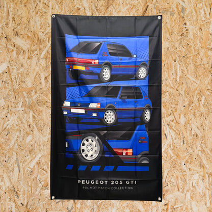 Blue Peugeot 205 GTI 90s hot hatch illustration on durable fabric garage banner.