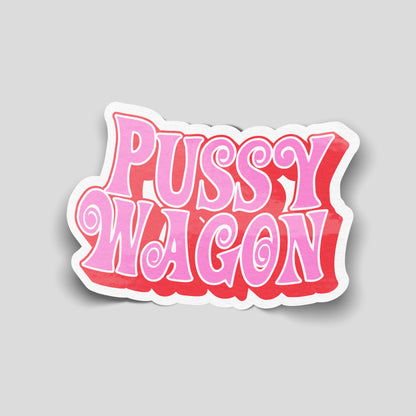 Pussy wagon retro bubble text funny car sticker in pink and red, cheeky UK car humour vinyl by Blum Decals
