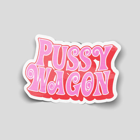 Pussy wagon retro bubble text funny car sticker in pink and red, cheeky UK car humour vinyl by Blum Decals