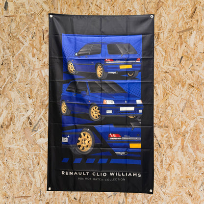 Renault Clio Williams blue and gold 90s hot hatch design on polyester garage banner.