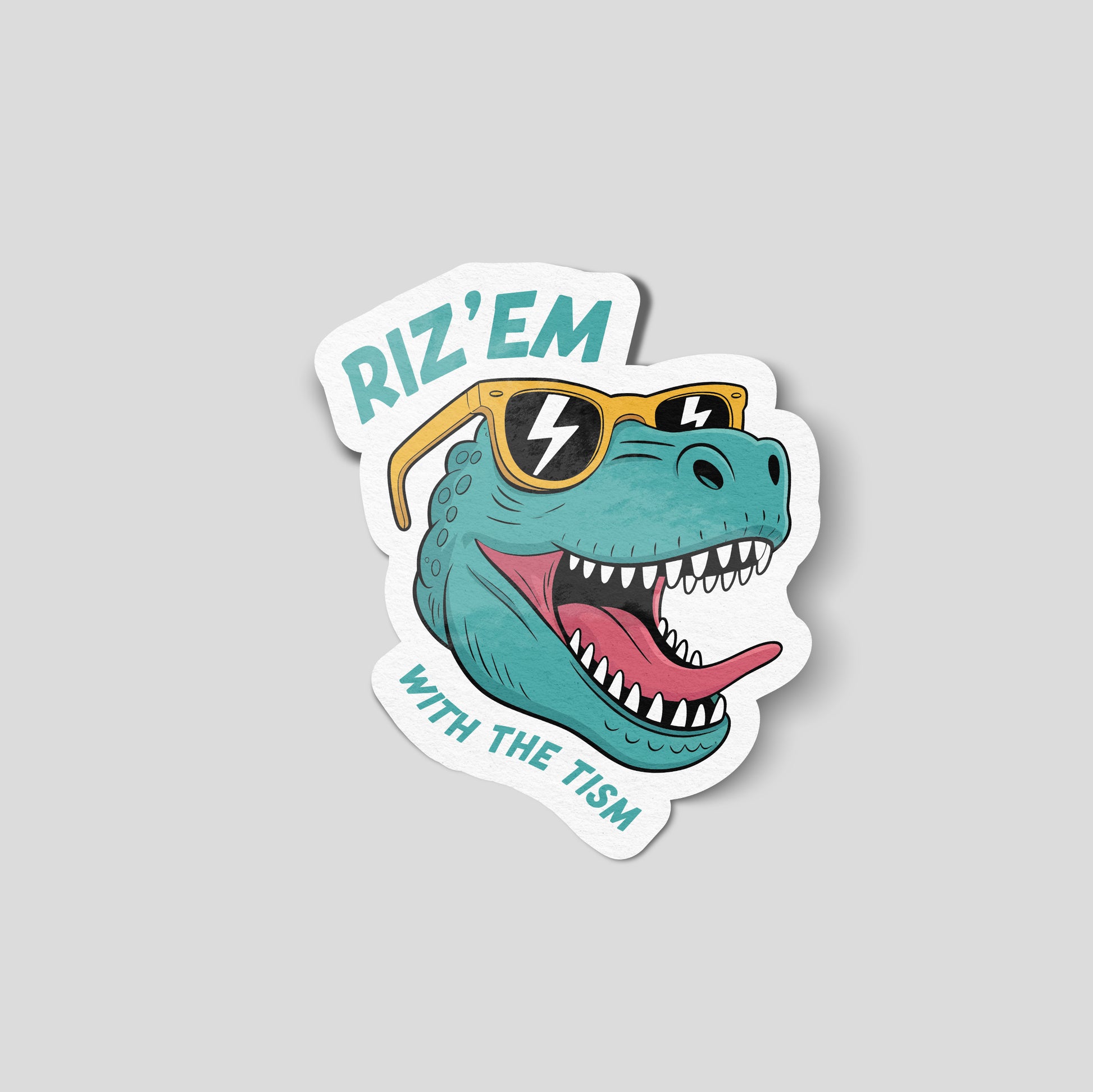 Riz ’em with the tism dinosaur illustration funny car sticker, bold UK novelty vinyl by Blum Decals