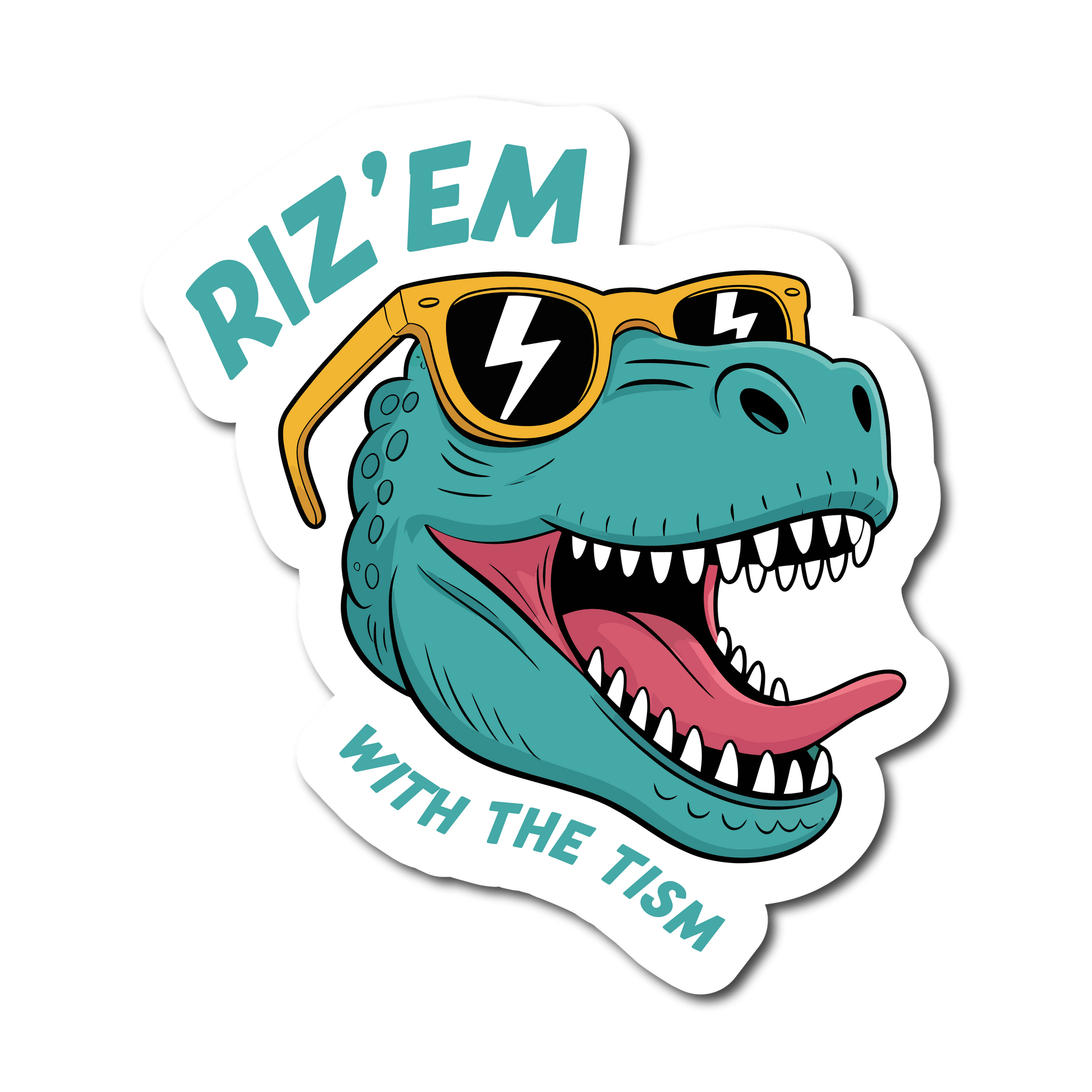 Funny vinyl car sticker of cartoon dinosaur wearing sunglasses with text Riz ’Em With The Tism