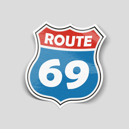 Route 69 road sign style funny car sticker, retro UK car culture vinyl by Blum Decals