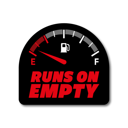 Funny vinyl car sticker showing fuel gauge and text “Runs On Empty”