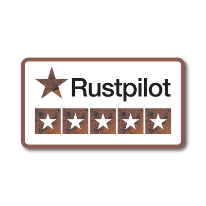 Rustpilot funny car sticker with rusty one-star rating – ideal for rusty cars, vans, and vintage rides in the UK.