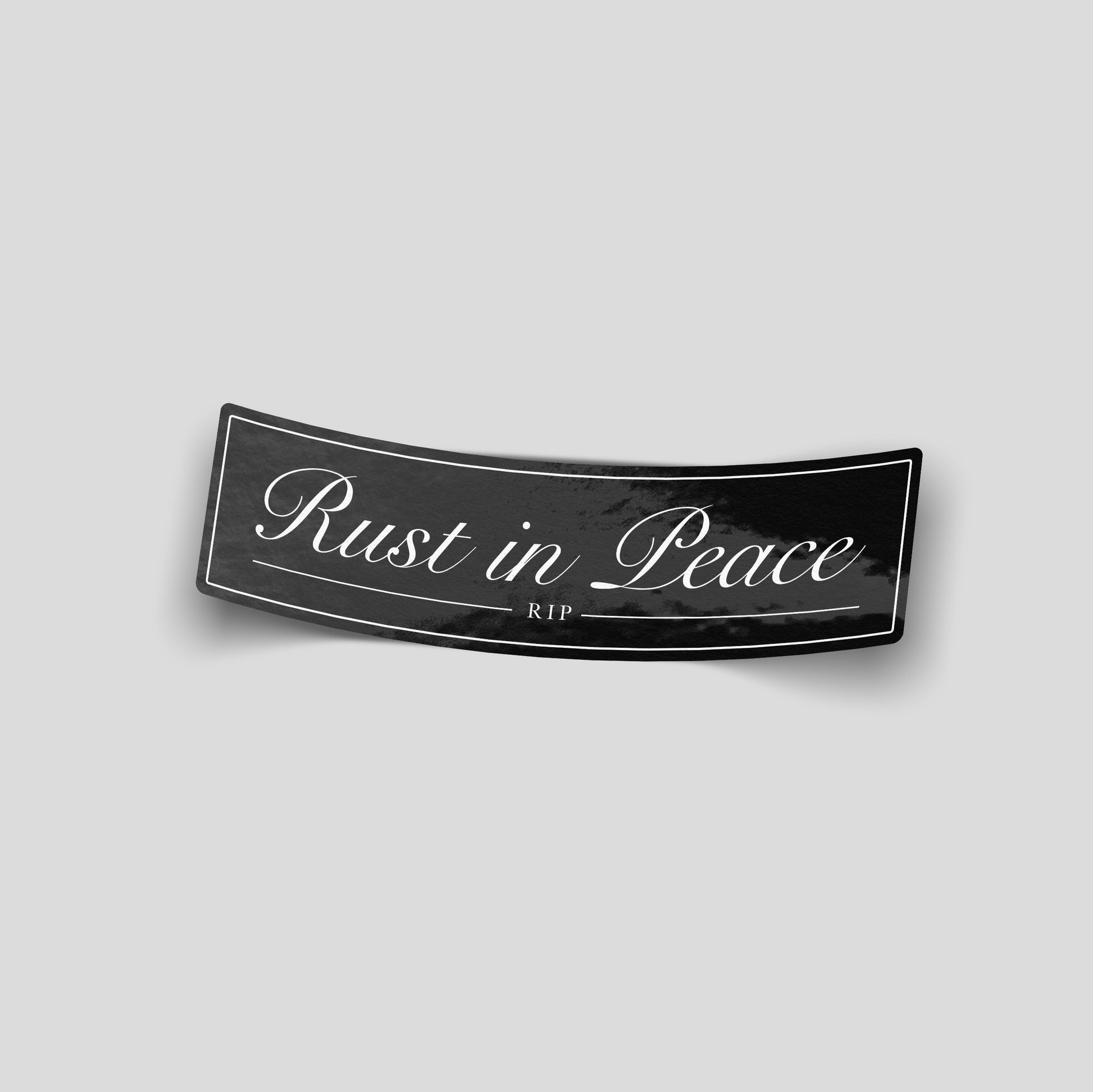 Rust in peace memorial style funny car sticker, dark UK car rust humour by Blum Decals
